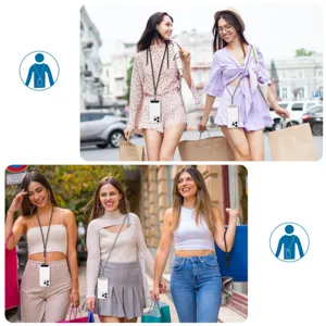 Lifestyle detail showing adjustable crossbody and neck phone lanyard straps worn by models outdoors.