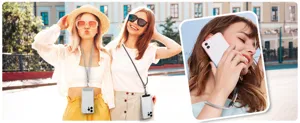 Detailed lifestyle view of the adjustable crossbody phone lanyard and clear case.