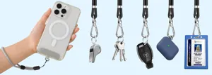 Multifunctional phone lanyard strap with metal clips and keychain set for keys and IDs.