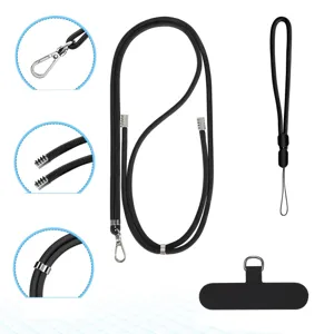 Black solid color woven phone lanyard set with crossbody strap wristband and tether tab