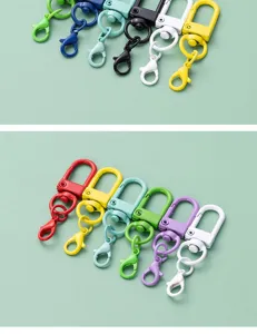 Metal swivel lobster claw clasps, colorful DIY keychain hardware and accessories detail.