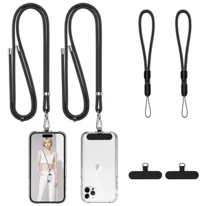 Universal black phone lanyard crossbody strap and wristband set with clear phone case.