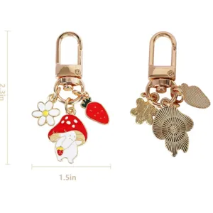 Cute mushroom strawberry enamel keychain metal charm pendant for backpack bag accessories.