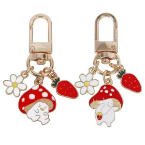 Cute mushroom ghost keychain floral strawberry charm metal keyring backpack pendant women accessory