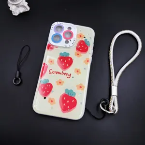 Cute strawberry pattern phone case with sparkly rhinestone wrist strap for girls and women.