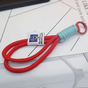 Woven nylon rope keychain lanyard red blue with metal carabiner for keys bags accessory detail