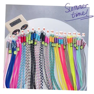 Colorful braided phone lanyard with smiley face charm, durable crossbody strap variant.