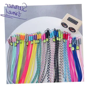 Colorful woven mobile phone lanyard with cute smiley face charm, durable cross-body strap.
