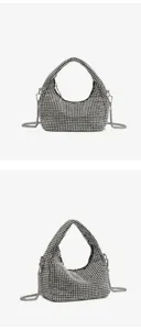 Detailed view of the sparkling rhinestone surface and exquisite metal chain strap craftsmanship.