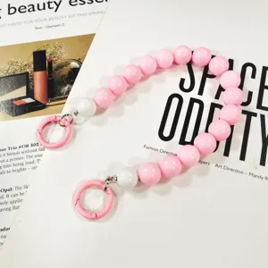 Acrylic bead chain strap for DIY phone cases and bag handles, 14mm pink and white beads with hooks.