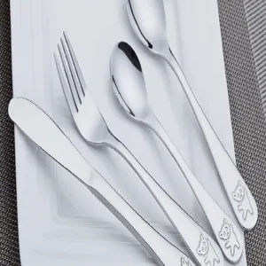 Stainless steel children cutlery set with cute bear handle design for kids daily meal.