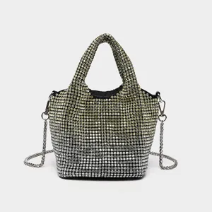Sac seau élégant en strass pour femmes, sac à bandoulière étincelant en cristal avec chaîne.