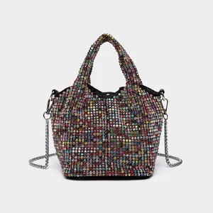 Magnifique sac seau en strass colorés avec chaîne en métal pour femmes élégantes.