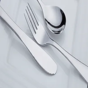 Stainless steel cutlery set including knife fork and spoon for dining table or gift use.