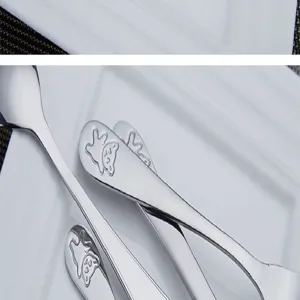 Stainless steel children cutlery detail view with cute embossed cartoon animal handle design