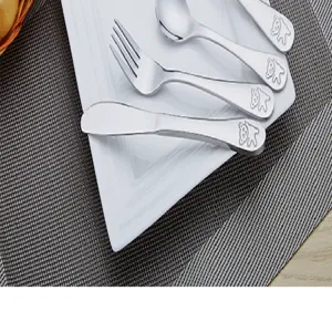 Stainless steel children cutlery set with cute cartoon bear handle design, perfect detail.