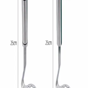 Stainless steel potato masher detail view showing 25cm length for home kitchen cooking use.