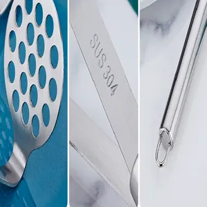Stainless steel potato masher kitchen tool detail view, durable baby food press.