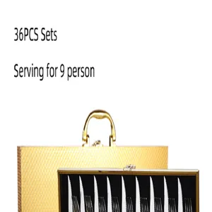 Details of 36-piece stainless steel cutlery set for 9 persons, with golden gift box.
