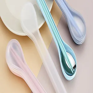 Detailed view of portable stainless steel chopsticks and spoon set in stylish storage box.