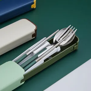 Set di posate portatile in acciaio inossidabile con scatola, ideale per viaggi, scuola e outdoor.
