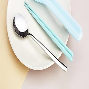Stainless steel spoon and chopsticks detail view showing polished metal texture and pastel design.