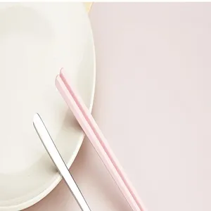 Close-up detail shot of portable pink chopsticks and stainless steel tableware set.