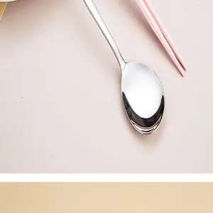 Detailed close-up of stainless steel spoon and pink chopsticks, portable tableware set display.