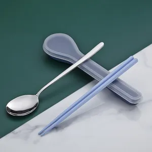 Stainless steel spoon chopstick portable travel tableware set with storage case box.