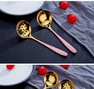 Stainless steel soup spoon set with pink handle, ideal for hot pot and ramen dining.