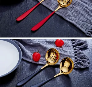 Stainless steel golden soup spoon set long handle hot pot ramen spoon kitchen tableware details.