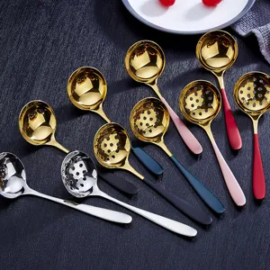 Stainless steel soup spoon and slotted spoon set with colorful handles for hotpot home use.