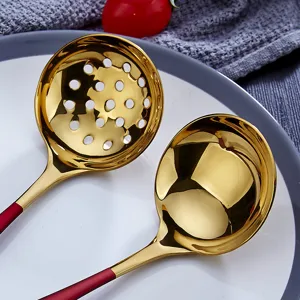 Stainless steel gold soup spoon and colander set with red handle for hot pot dining.