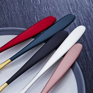 Matte colorful stainless steel long handle soup spoons set, elegant kitchen tableware.
