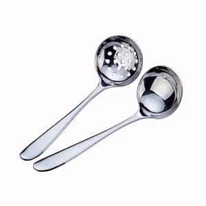 Stainless steel soup spoon and slotted spoon set, long handle hot pot spoon for kitchen.