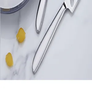 Détail de couteau à fromage en acier inoxydable, lame pointue à double fourchette pour le beurre.