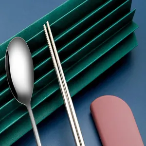 Détail de l'ensemble cuillère et baguettes en acier inoxydable avec couverts polis et étui rose.