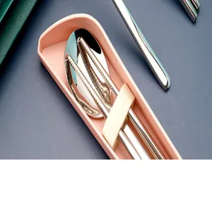 Ensemble de vaisselle portable en acier inoxydable avec boîte rose, baguettes et cuillère.