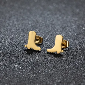 Gold cowboy boot stud earrings detailed close-up view highlighting chic fashion style.