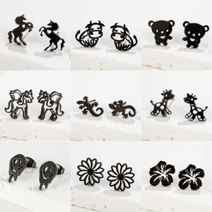 Edelstahl Süß Cartoon Einhorn Kuh Bär Ohrstecker Schwarz Gold Silber Hohl Herz Tier Piercing Helix Ohrringe Für Damen Herren Kinder