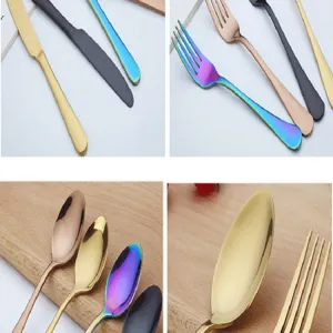 Stainless steel cutlery set detail view, showing multi-color knife, fork, and spoon finish.