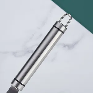 Stainless steel potato masher handle, durable kitchen tool for baby food, easy hanging design.