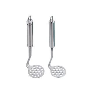 Stainless steel potato masher kitchen tool for baby food, durable and easy to clean.