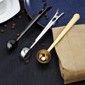 Stainless steel 2-in-1 coffee scoop with bag sealing clip, long handle measuring spoon.