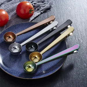 Stainless steel coffee scoop and bag sealing clip, 2-in-1 multi-color measuring spoon.