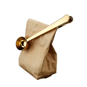 2 in 1 Stainless Steel Coffee Scoop with Sealing Clip Gold Measuring Spoon for Kitchen