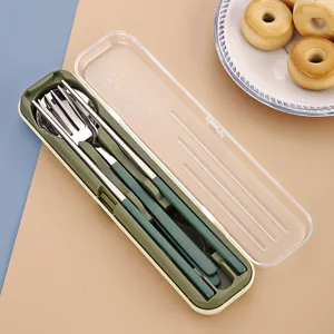 Set de couverts portable en acier inoxydable avec boîte de rangement, cuillère et baguettes.
