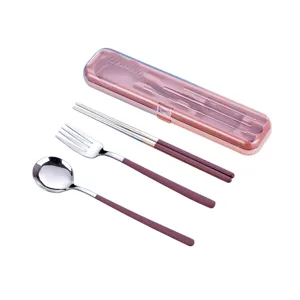 Set de couverts portable 3 pièces en acier inoxydable avec boîte de rangement, cuillère, fourchette.