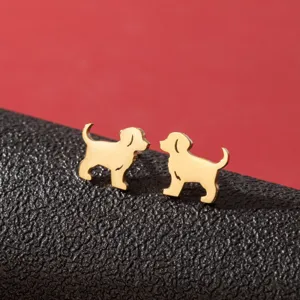 Pendientes de tuerca de cachorro de perro dorado lindo, joyería de acero inoxidable.