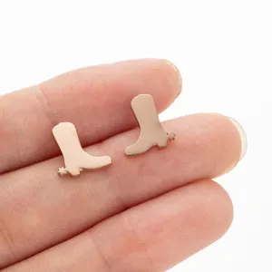 Stainless steel cowboy boot stud earrings detailed close up view miniature design style